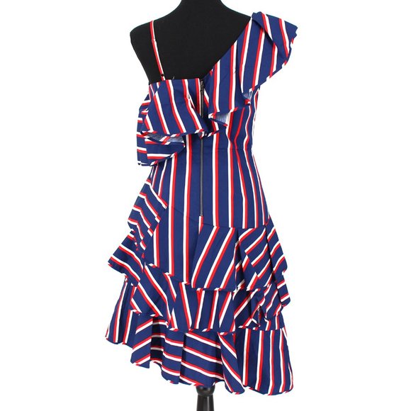 NWT Alice + Olivia Laflora Asymmetric Ruffle Striped Poplin Dress Off Shoulder 4 - Picture 6 of 7